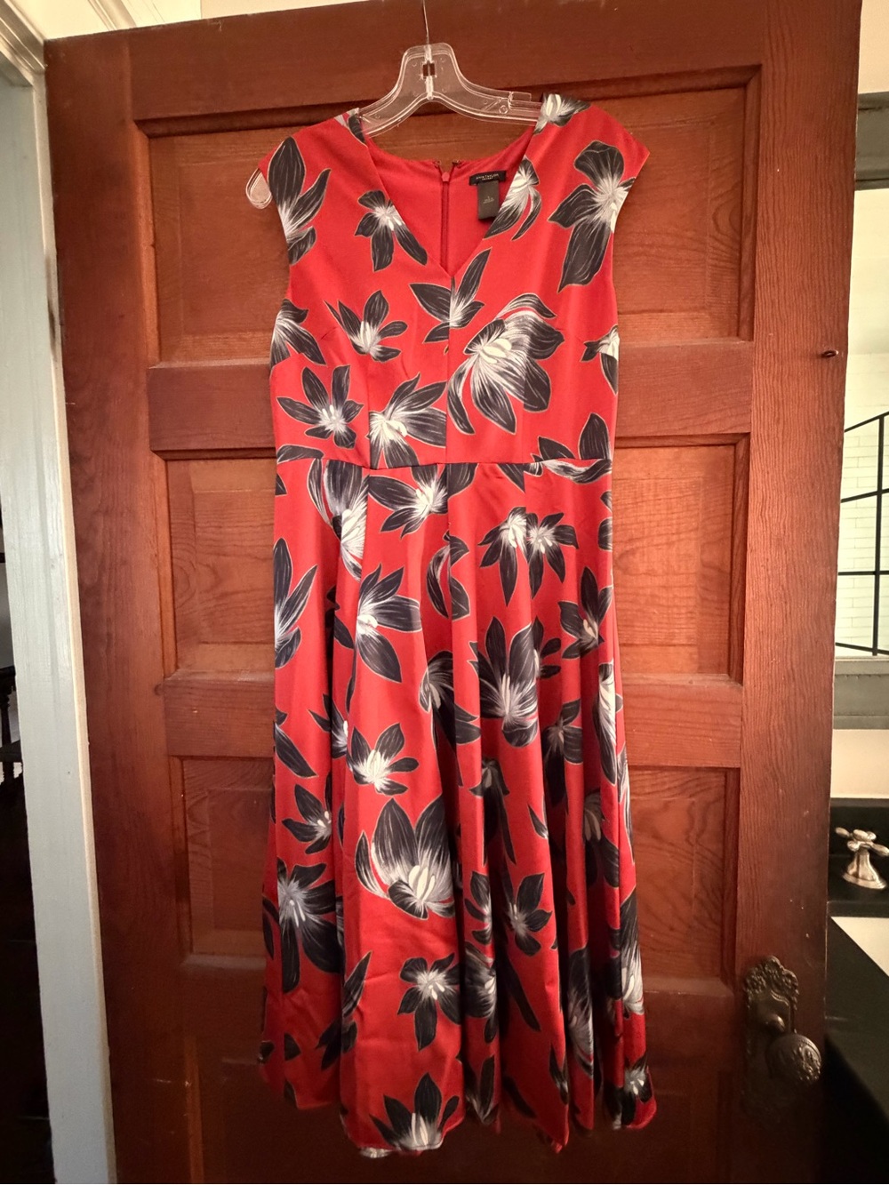 Ann Taylor Red Floral Midi Dress with Black and White Blooms